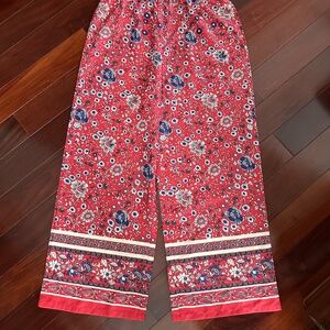 Women's Flared Leg Red Blue Tan Floral Elastic Waist Pants Size L EUC